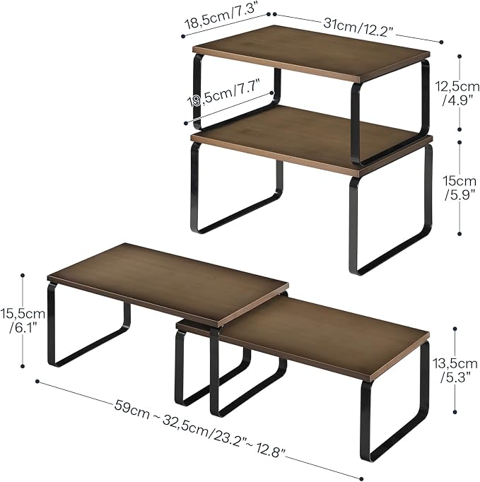 HOOBRO Cabinet Organizer Shelf, Set of 4 Kitchen Counter Shelves, Expandable Kitchen Storage, Stackable Bamboo Spice Rack, for Kitchen, Countertop, Office Desk, Bathroom, Mocha and Black CB30TLP201