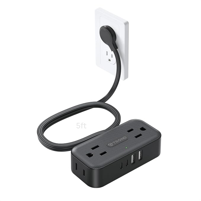 TROND Flat Plug Power Strip 5FT, Small Flat Extension Cord with Multiple Outlets, 4 AC and 4 USB Ports (2 USB C), Wall Mount 900J Surge Protector for Home Office Travel Dorm Room Essentials, Black