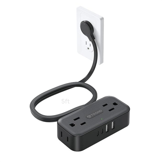TROND Flat Plug Power Strip 5FT, Small Flat Extension Cord with Multiple Outlets, 4 AC and 4 USB Ports (2 USB C), Wall Mount 900J Surge Protector for Home Office Travel Dorm Room Essentials, Black