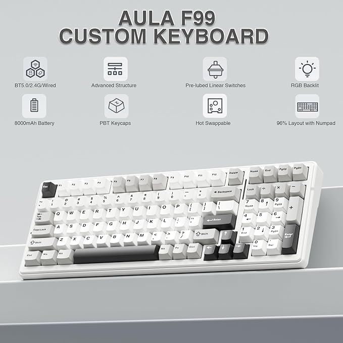 AULA F99 Wireless Mechanical Keyboard,Tri-Mode BT5.0/2.4GHz/USB-C Hot Swappable Custom Keyboard,Pre-lubed Linear Switches,RGB Backlit Computer Gaming Keyboards for PC/Tablet/PS/Xbox (Renewed)
