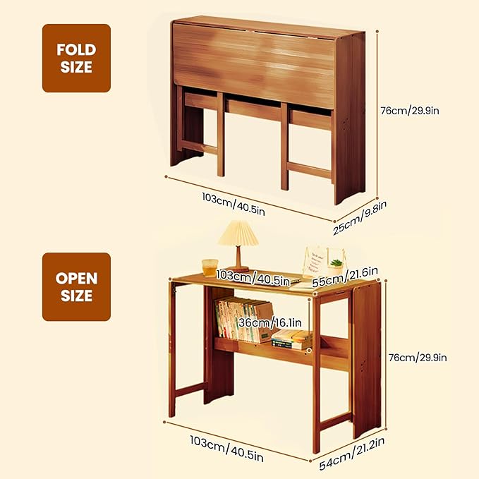41" Bamboo Folding Desk with Bookshelf, Folding Bamboo Desk for Small Spaces, Computer Table Space Saving, Wooden Desks for Home Bedroom Study Office Bamboos Writing Desks, Brown