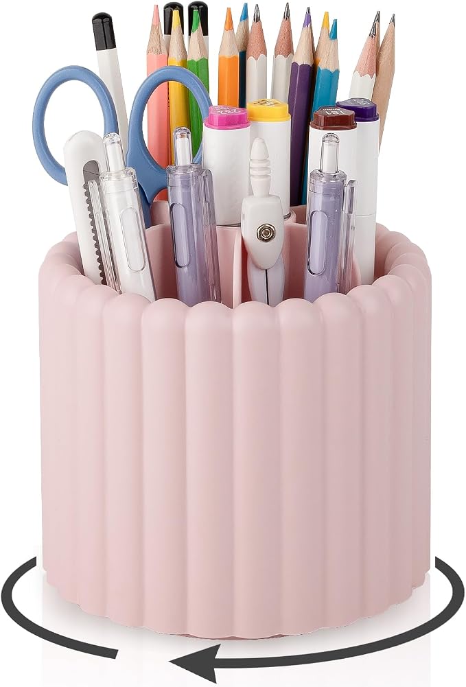 Anyoifax 360° Rotating Pen Holder for Desk Removable Pencil Organizer, Pink | 7 Slots Pen Cup Cute Office Supplies and Accessories Plastic Desktop Storage Box Art Caddy for School, Work, Home