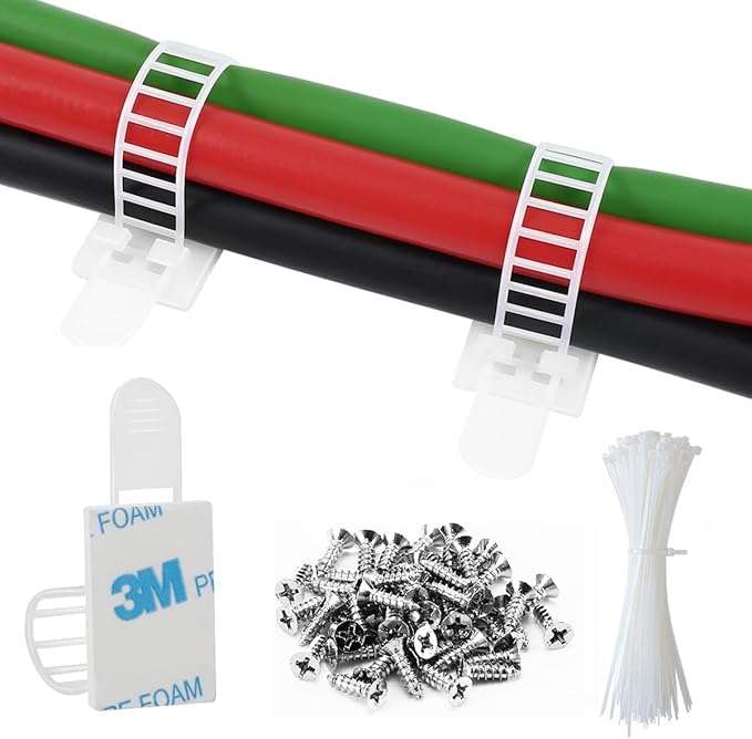 50Pcs Adhesive Cable Management Clips with 50Pcs Zip Ties, Adjustable Nylon Cable Strap Ties Wire Clips Clamps Organizer, Extra Screw & Hole - 3.35 Inch White