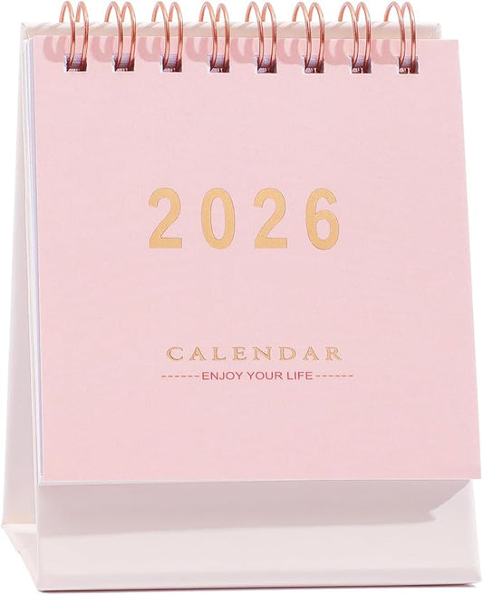 Mini Desk Calendar 2026, Standing Flip Academic Year Small Desk Calendar- Use Jan to Dec 2026 Monthly Desktop Calendar- Thick Paper Twin-Wire Binding for Home or Office (Pink)