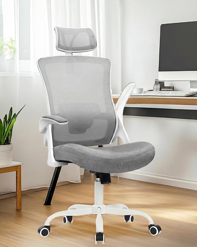 NEO CHAIR Office Chair High Back Desk Mesh Chair Comfy Computer Gaming Seat with Adjustable Ergonomic Headrest Lumbar Rolling Flip-up Armrests and Wheels (Grey)