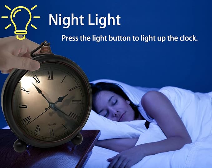 TooTa Vintage Retro Analog Alarm Clock, 4.5 inch Super Silent Non Ticking Small Clock with Night Light, Battery Operated, Simply Design, for Living Room, Bedroom, Bedside, Desk, Gift Clock (Roman)
