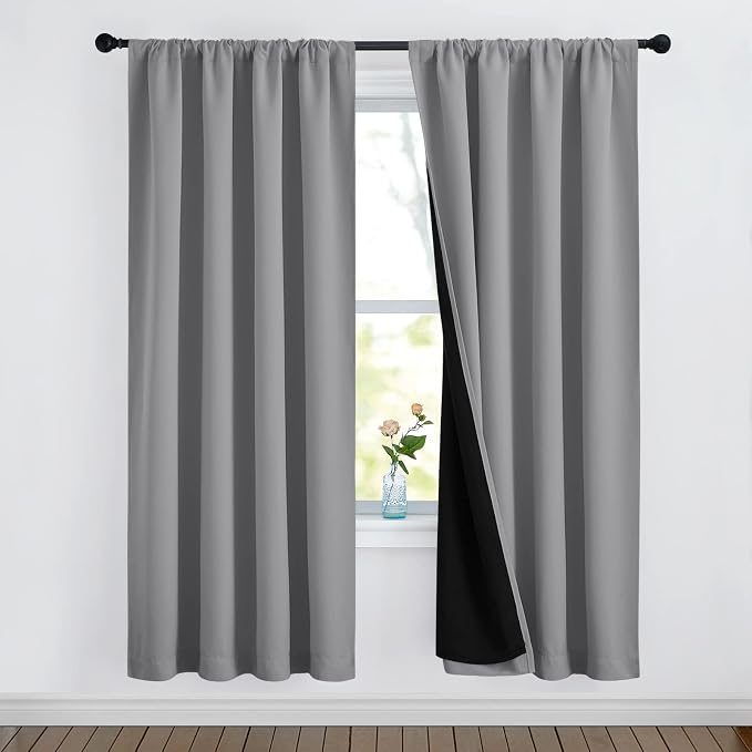 NICETOWN Full Shade Curtain Panels, Pair of Energy Smart Rod Pocket Blackout Drapes for Guest Room Window, Thermal Insulated Guest Room Lined Window Dressing(Silver Grey, 52 x 72 inch)