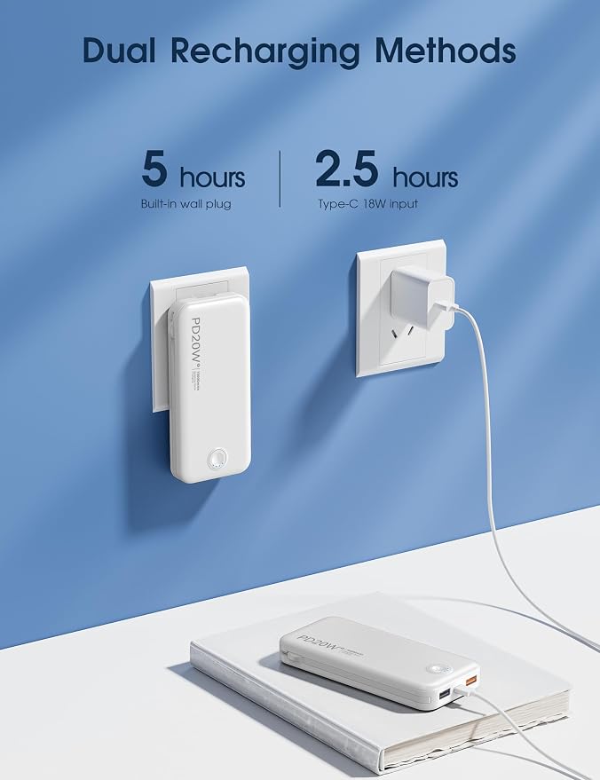 Nusyddy Portable Charger 10000mAh PD20W w/Built-in Cables & Wall Plug White | PD20W Fast Charging, Battery Indicator, Pass Through Charging, TSA Approved, Compact/Slim, Power Bank for iPhone/iPad/Samsung