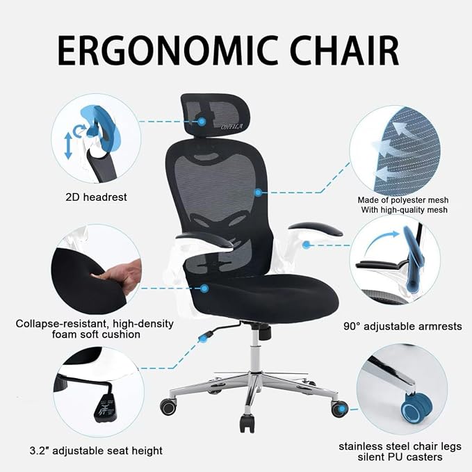 Office Chair, Ergonomic Breathable Mesh Chair,Flip-Up Arms and Adjustable High Back Lumbar Support,Comfy Computer Chair for Home Office (Black/White, 407)