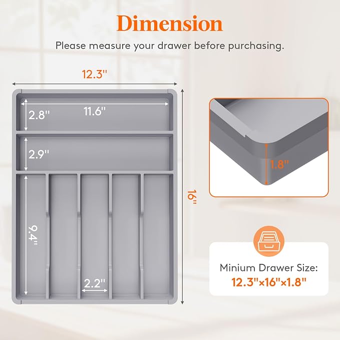 Lifewit Silverware Drawer Organizer Tray, Plastic Cutlery Storage for Kitchen, Flatware and Utensil Holder Divider for Spoons Forks Knives Tableware, 12.3 x 16", 7 Slots, Gray