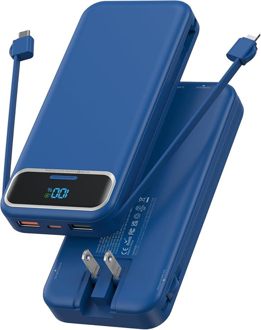 Nusyddy Portable Charger 12000mAh 22.5W w/Built-in Cables & Wall Plug Navy | 22.5W Fast Charging, LED Display, Pass Through Charging, TSA Approved, Portable & Slim, Power Bank for iPhone, iPad, Samsung