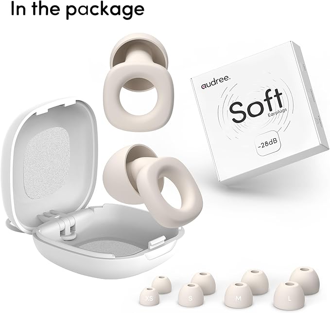 Audree Soft Ear Plugs for Noise Reduction, Reusable Flexible Earplugs for Sleep, Travelling, Focus, Study & Noise Sensitivity, 28dB Noise Cancelling, 8 Silicone Ear Tips in XS/S/M/L, White