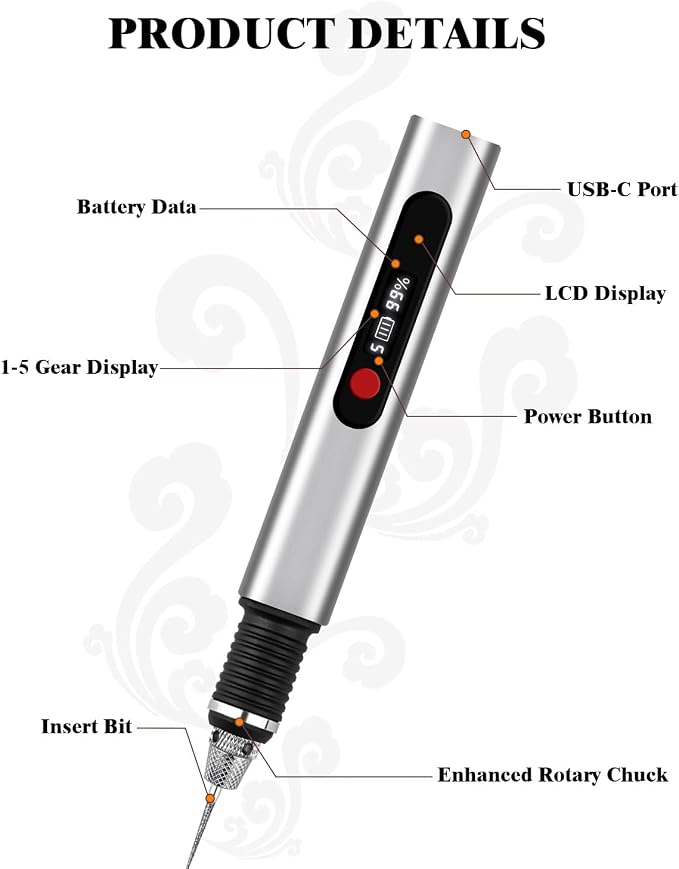 Cordless Engraving Pen for Metal Wood Glass Plastic, Engraving Tool 44Kits, 5 Speeds Up to 30000RPM, 500mAh USB Rechargeable Engraver Kit Craft Gifts for Teens Adults Beginner with Guide Book (Metal)