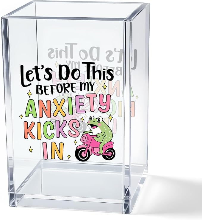 Let’s Do This Before My Anxiety Kicks in Acrylic Cosmetic Pencil Pen Holder Cup, Funny Frog Desk Organizer for Office Decor, Frog Lover Gifts Sarcastic Work Gifts for Women Men Coworker Employee