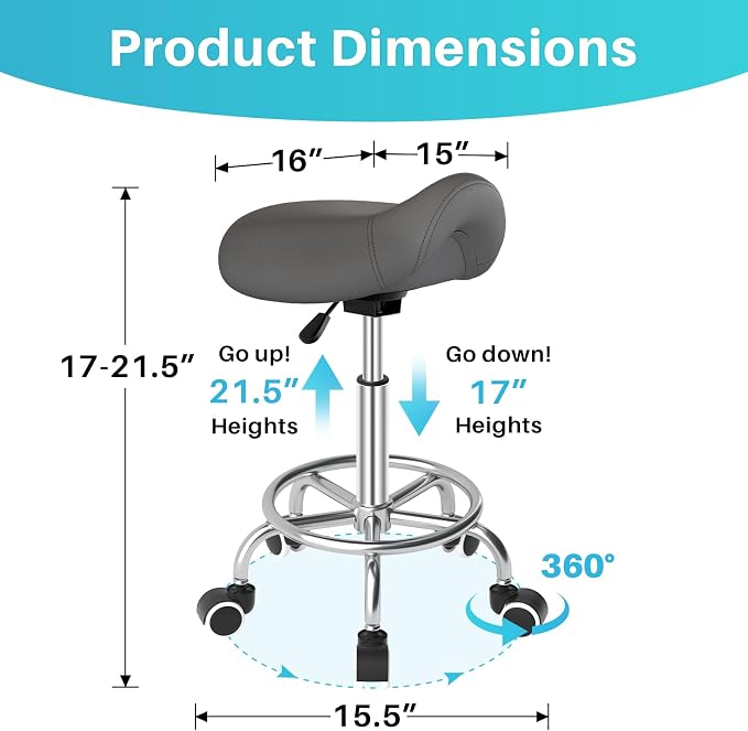 YEEZEE Saddle Stool Ergonomic, Saddle Chair with Wheels, Grey | Comfortable Wide Thick Saddle Seat Padding, 360°Swivel, Adjustable Height, Ring Pedal Design, for Medical Massage Salon Spa