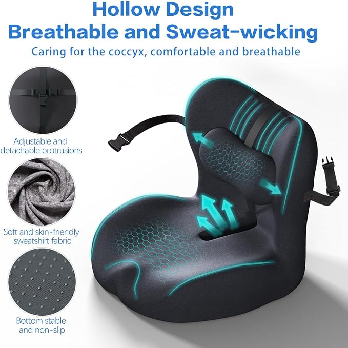 Adjustable Seat Cushion & Lumbar Support Pillow Set for Office Chair, Ergonomic Pillow for Sciatica Pain Relief, Memory Foam Back Support Pillow & Chair Cushion for Car seat, Desk Chair (black)