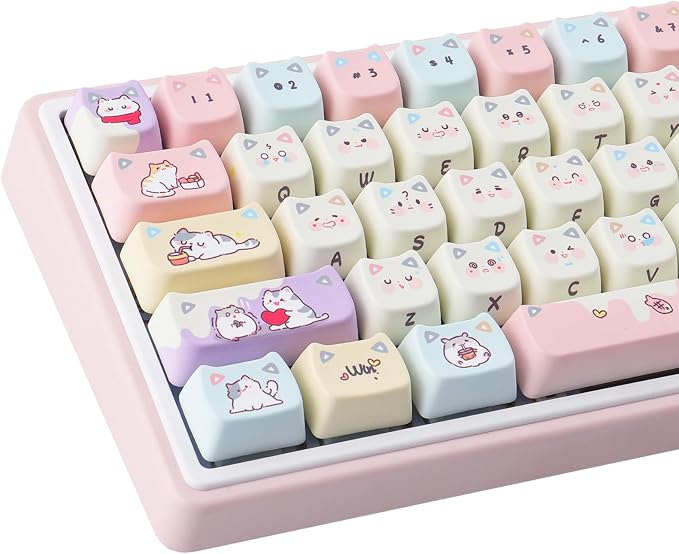 Tsungup PBT Keycaps Mao Profile-Pink Cream Keycap,127 Keys Cute Hiding Cat Theme Custom Key Caps Keyboard Keycaps, Dye Sub Keycap Set for 60%,65%,75%,100% Mechanical Keyboard