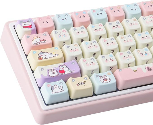 Tsungup PBT Keycaps Mao Profile-Pink Cream Keycap,127 Keys Cute Hiding Cat Theme Custom Key Caps Keyboard Keycaps, Dye Sub Keycap Set for 60%,65%,75%,100% Mechanical Keyboard