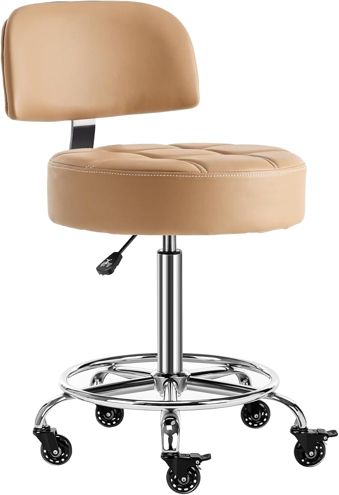 Lockable Stool with Back and Foot Rest Ergonomic Rolling Hydraulic Adjustable Stool for Doctor Esthetician Artist Home Small Office Desk (Camel, 19.5''-24.5'')