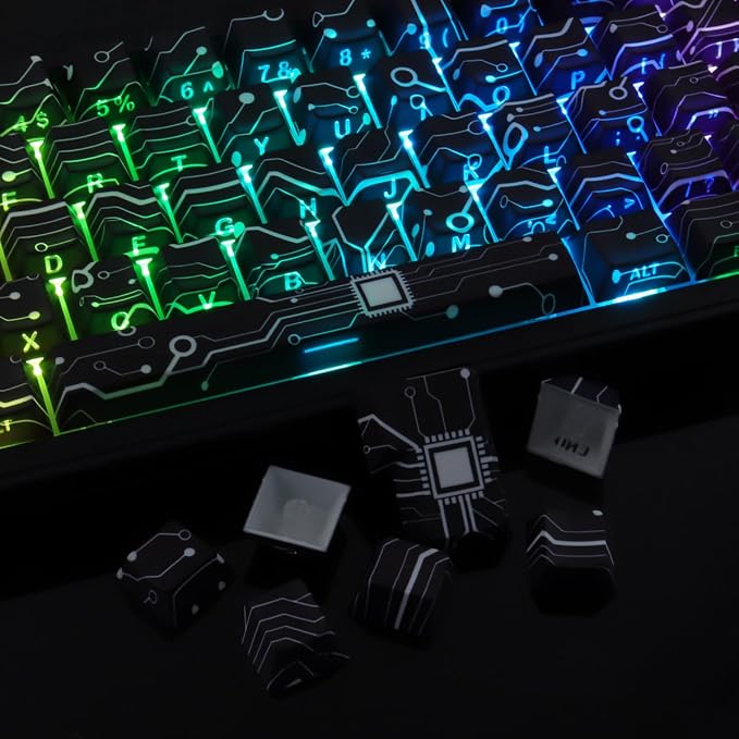 Custom PBT Keycaps, Cool Modern Technology Style Keyboard Key caps(Black) | Tsungup 135 Keys Shine Through Side Print Keycap Set, Cherry Profile for Cherry MX Switches Mechanical Keyboard