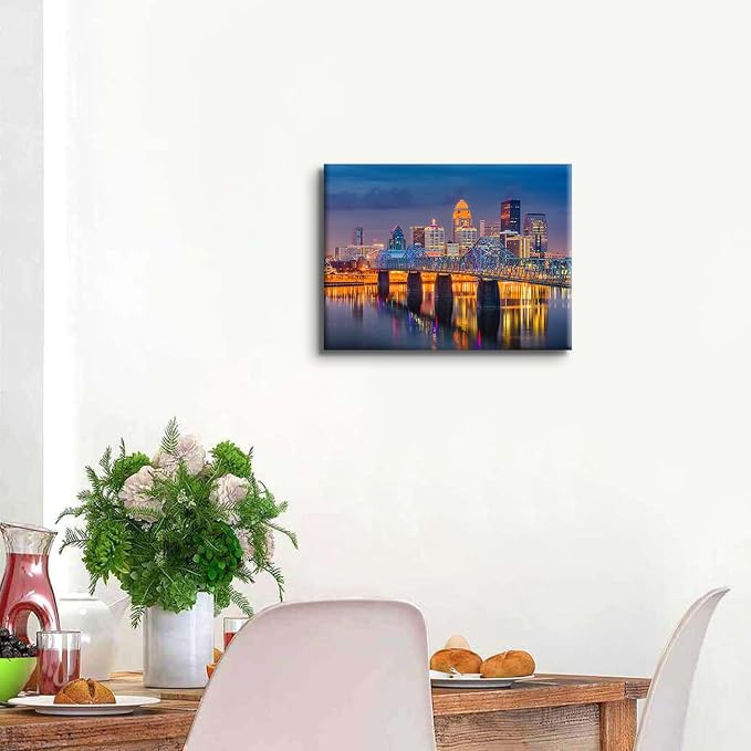 Colorful Cityscape Canvas Wall Art for Living Room Downtown Louisville in Kentucky Landscape Pictures Wall Decor USA City Night View Paintings Prints Modern Artwork Bedroom Home Decoration 12x16"