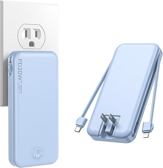 Nusyddy Portable Charger 10000mAh PD20W w/Built-in Cables & Wall Plug Blue | PD20W Fast Charging, Battery Indicator, Pass Through Charging, TSA Approved, Compact/Slim, Power Bank for iPhone/iPad/Samsung