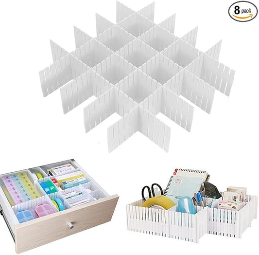 Onerbuy 8pcs Adjustable Grid Drawer Dividers DIY Plastic Closet Separator Tidy Organizer Container for Underwear Socks Belt Office Supplies(White)