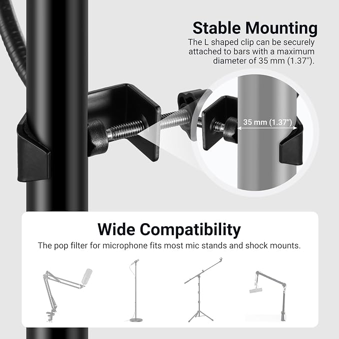 NEEWER Metal Pop Filter for Microphone, Six Layer Professional Foam Mic Isolation Shield Windscreen Cover with Flexible Arm for Podcast Live Streaming Voice Over Singing Studio Music Recording, MS044