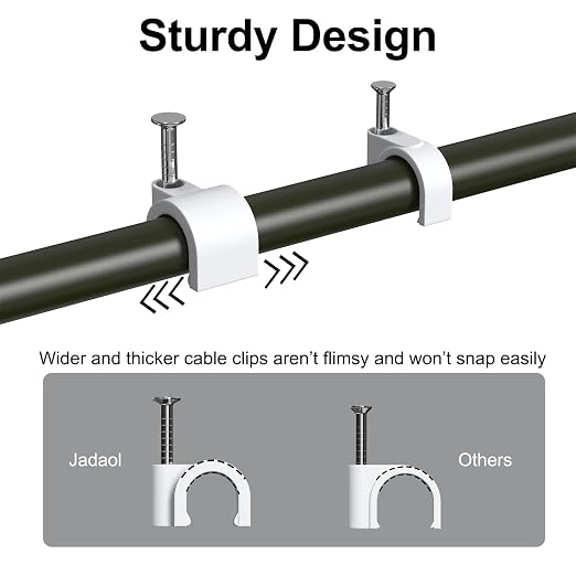 Jadaol Wide Design Cable Clips with Nails, 250 Pack Cord Wire Clips (4mm 5mm 6mm 8mm 10mm), Nail-in Round Cable Tacks for Ethernet Cable, Coaxial, TV, Speaker, Electrical Wire, White
