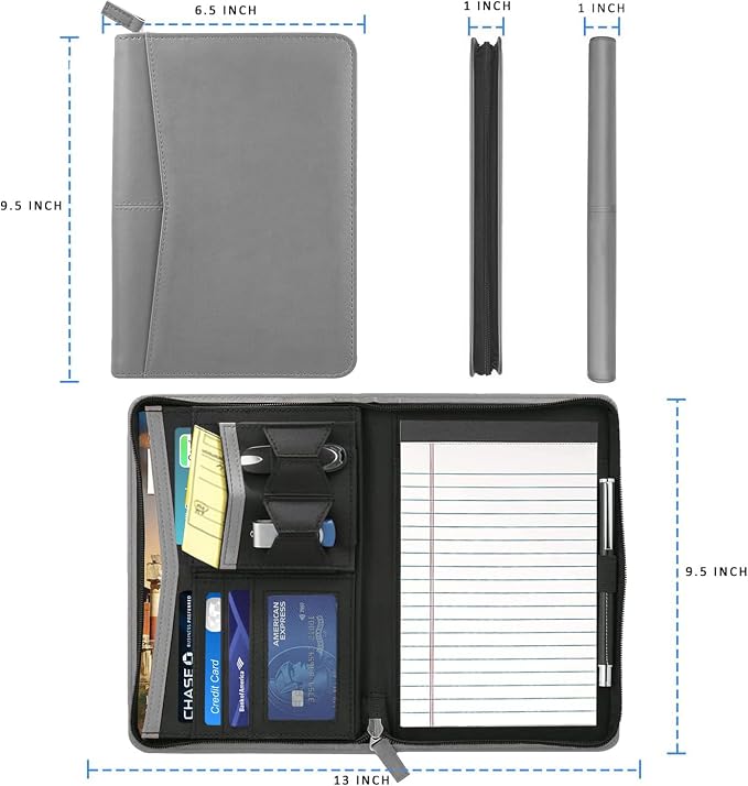 Junior Business Padfolio - A5 PU Leather Portfolio Binder & Zippered Binder Folder with 5 x 8 Writing Pad and Interior Storage Pocket Executive Business Organizer for Men Women,Gray