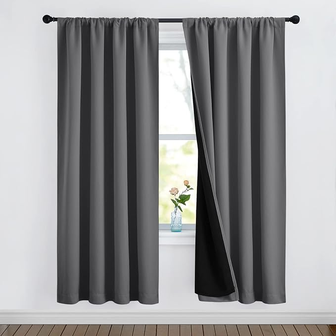 NICETOWN Grey Full Shade Room Warming Curtain Panels, Pair of Energy Smart Rod Pocket Blackout Drapes for Guest Room Window, Thermal Insulated Guest Room Lined Window Dressing(Gray, 52 x 72 inch)