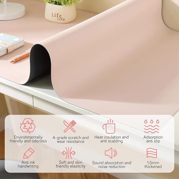 Dry Erase Desk Mat for Making Plans,27.5"x13.8" Writable & Erasable Desk Mouse Pad with 2 Markers & 2 Cloths,Waterproof Writing Desk Pad for Office Home School (Pale Pink)