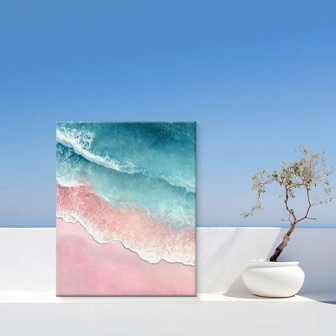 Coastal Pink Beach Wall Art Decor Blue Ocean Wave Painting Picture Artwork Pastel Seascape Wall Decor for Home Beach Room Bedroom 8x10 Canvas Framed