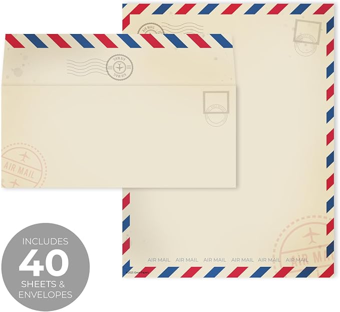 Vintage Air Mail Letterhead With Envelopes / 40 Rustic Travel Themed Airmail Sheets With Matching Envelopes / 8.5" x 11" Vintage Red Blue Throwback Paper Stationery Design