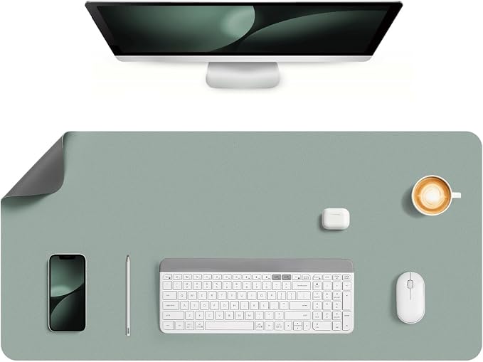 Dual Sided Desk Pad Faux Leather Desk Mat Large Mouse Pad | Desk Pad Protector Non-Slip Waterproof Desk Mouse Pad for Writing Desk, Office, Home(Sage Green Gray 35.4"X17")