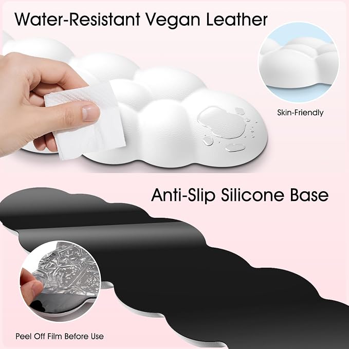 Sushret Cloud Wrist Rest for Computer Keyboard, 4-in-1 Memory Foam Leather Cloud Keyboard Wrist Rest and Mouse Pad Set with Ergonomic Support for Arm and Palm Cushion, Gaming/Work Setup, White