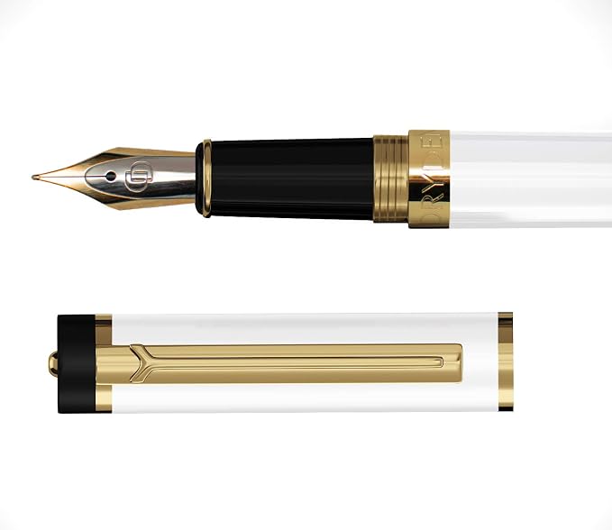 Dryden Designs Fountain Pen - Medium Nib and Fine Nib | Includes Luxury Box, 6 Ink Cartridges - 3 Black 3 Blue and Ink Refill Converter - Pearl White