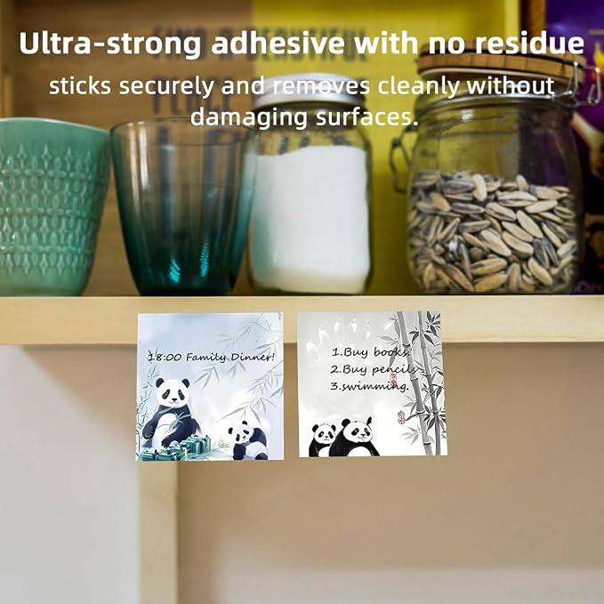 Panda 4-Pads 3x3 inch Sticky Notes Set, Cute Memo Pads with High-Adhesive, Pretty Self-Stick Notes, Reusable & Tearable for Journal Planners Office School Home, Bulk Cute Stationery Gift