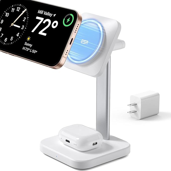ESR 2 in 1 Charging Station for Apple, MagSafe Charger Stand for iPhone [Certified], Magsafe Charging Station for Multiple Devices iPhone 17e/17/16/15/14/13/12, Apple Watch, & AirPods, White