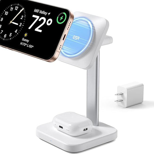 ESR 2 in 1 Charging Station for Apple, MagSafe Charger Stand for iPhone [Certified], Magsafe Charging Station for Multiple Devices iPhone 17e/17/16/15/14/13/12, Apple Watch, & AirPods, White