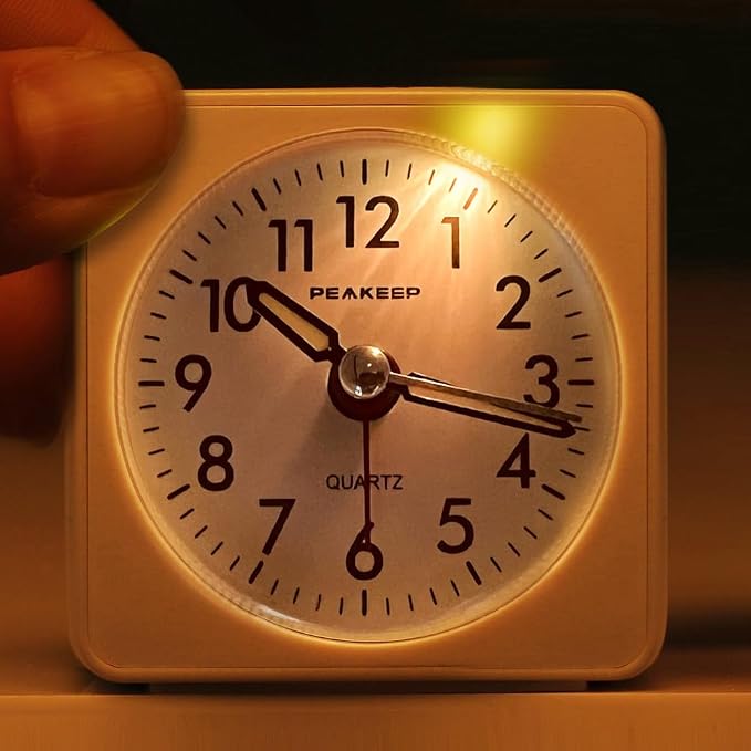 Peakeep Ultra Small, Battery Travel Alarm Clock with Snooze and Light | Silent No Ticking Analog Quartz Clock (White)