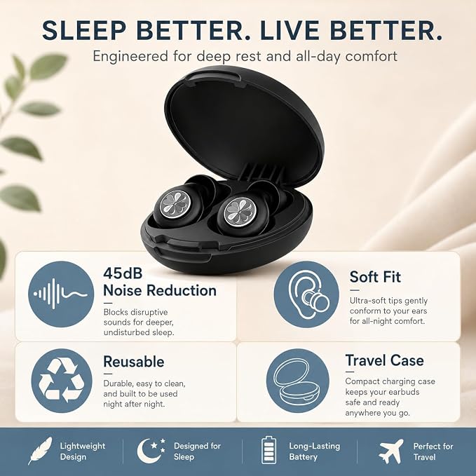 45dB Ear Plugs for Sleeping, Soft Silicone for Side Sleepers, 4 Sizes | Reusable soft silicone with XS/S/M/L sizes for side sleepers, concerts, flights and hotels; carrying case included.