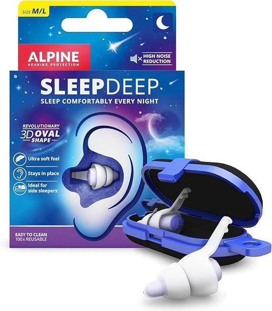 Alpine SleepDeep Earplugs for Sleeping – Side Sleepers & Snoring – Ultra-Soft Noise Reducing Earplugs – 27dB SNR – Hypoallergenic, Silicone-Free – 1 Pair (L)