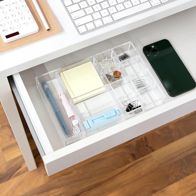Isaac Jacobs 12-Compartment Clear Acrylic Drawer Organizer - 9.4"x6.4"x1.3" | Drawer Organizer (9.4" L x 6.4" W x 1.3" H), Multi-Sectional Storage Solution for Makeup, Office Supplies, Bathroom, Kitchen