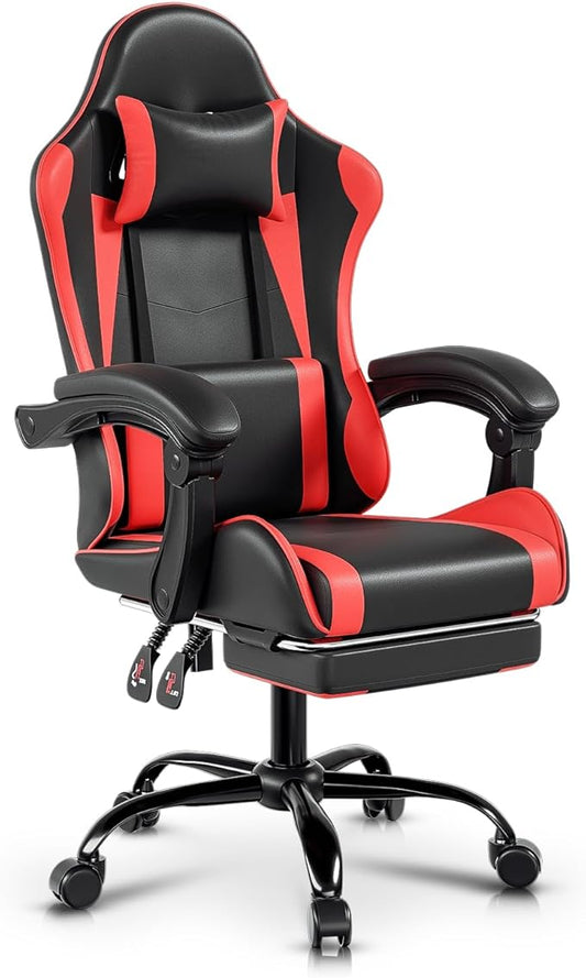 Auto Dynasty Ergonomic Gaming Chair, High-Back Office Chair w/Adjustable Lumbar Support, Linkage Armrest, Headrest & Footrest, 350LBS Recliner Swivel Computer Game Racing Chair, Red/Black