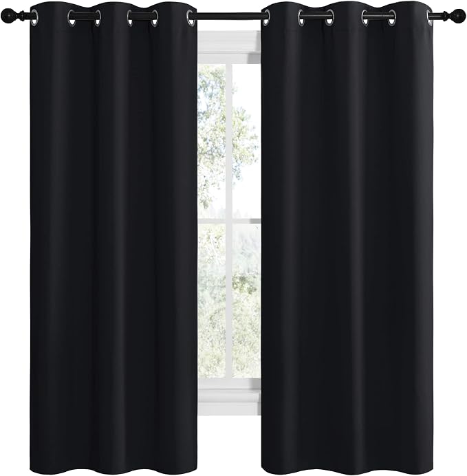 NICETOWN Bathroom Blackout Thermal Curtains and Drapes, Black Solid Thermal Insulated Grommet Blackout Drapery Panels for Window (2 Panels, 42 inches Wide by 68 inches Long, Black)