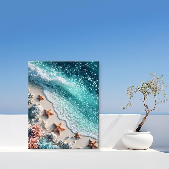Coastal Beach Wall Art, Ocean Wave Starfish Seashell Wall Decor, Turquoise Sea Coral Seascape Painting Picture, Coastal Wall Decor for Bathroom Living Room Bedroom 8x10 Canvas Framed