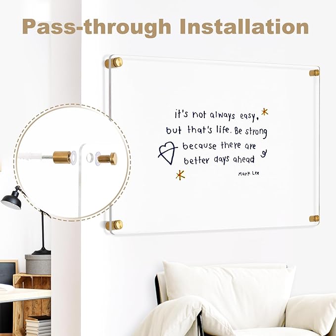 Large Clear Acrylic Dry Erase Board, 24" X 16" Golden Non-Magnetic Frameless Clear White Board for Wall, Erasable Acrylic Board for Wall, Home, Office, School, 2 Markers