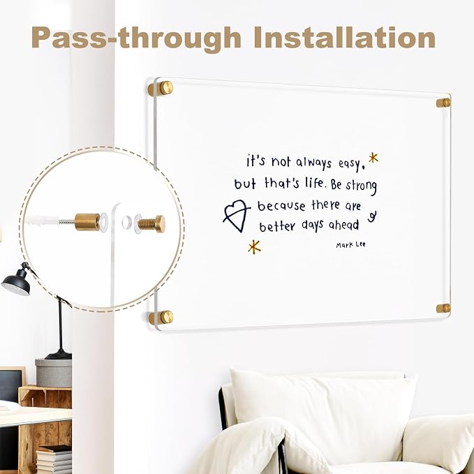 Clear Acrylic Dry Erase Board, 24" X 16" (Golden) | Non-Magnetic Frameless Clear White Board for Wall, Erasable Acrylic Board for Wall, Home, Office, School, 2 Markers