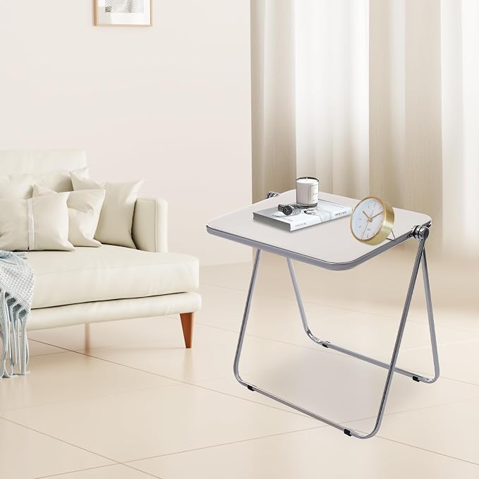 Acrylic Folding TV Tray Table, Small Portable Square Laptop Desk, End Side Table Modern Square Table for Home Office, No Assembly Space-Saving Side Table with Metal Frame (White)